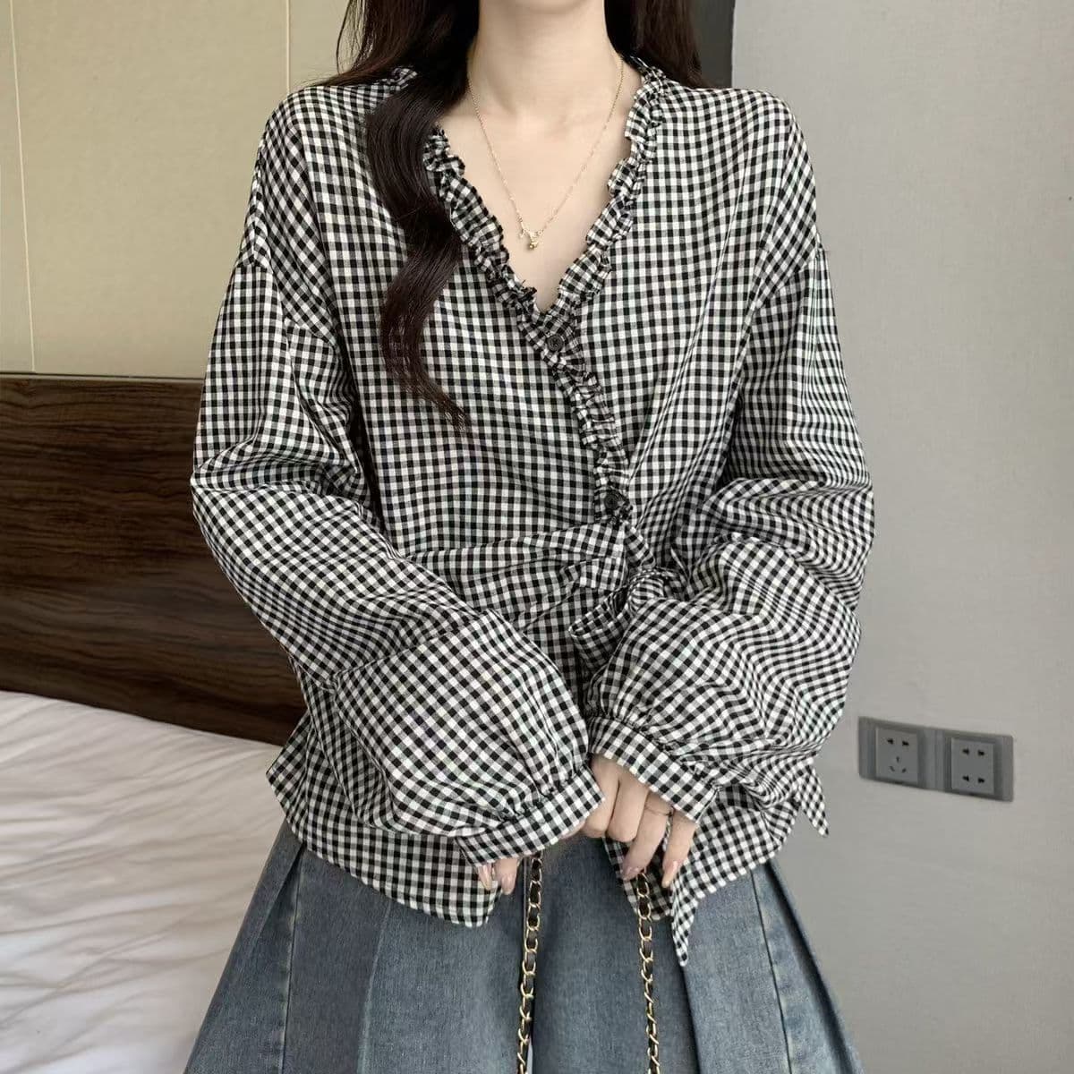 프랑스식 고유 한 프릴 V넥 긴팔 여성 셔츠 이른 가을 2026 새로운 빅 사이즈 지방 mm 허리 수축 표지 배 맨위 상세 이미지 18