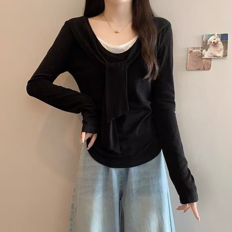 빅 사이즈 디자인 센스 페이크 레이어드 긴팔 티셔츠 여성 봄 가을 새로운 지방 mm 미니멀리즘 꼬집기 허리 몸매 가꾸기 슬림해 보이는 맨위 이미지 4