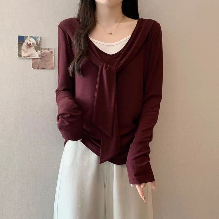빅 사이즈 디자인 센스 페이크 레이어드 긴팔 티셔츠 여성 봄 가을 새로운 지방 mm 미니멀리즘 꼬집기 허리 몸매 가꾸기 슬림해 보이는 맨위 상세 이미지 5