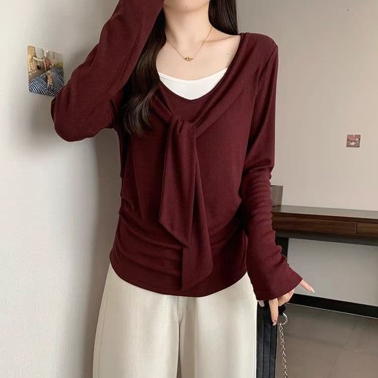 빅 사이즈 디자인 센스 페이크 레이어드 긴팔 티셔츠 여성 봄 가을 새로운 지방 mm 미니멀리즘 꼬집기 허리 몸매 가꾸기 슬림해 보이는 맨위 상세 이미지 10