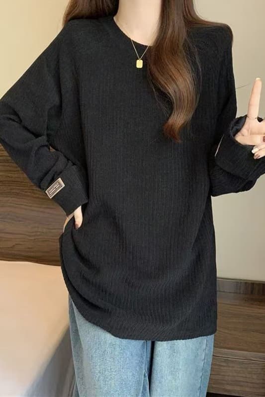 300 근 빅 사이즈 여성 의류 느긋한 느슨함 센스 긴팔 티셔츠 가을 기본 셔츠 인사이드 가져 가라. 트렌디 통통한 여동생 슬림해 보이는 맨위 이미지 6