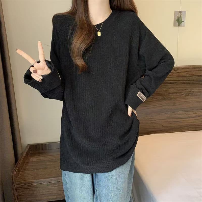300 근 빅 사이즈 여성 의류 느긋한 느슨함 센스 긴팔 티셔츠 가을 기본 셔츠 인사이드 가져 가라. 트렌디 통통한 여동생 슬림해 보이는 맨위 상세 이미지 14
