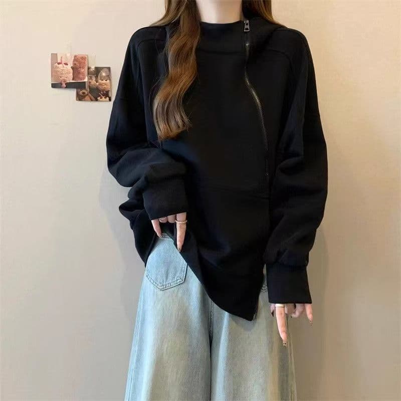 180 근 불규칙 더블 지퍼 후드 얇은 스타일 후드티 가을 겨울 지방 mm 빅 사이즈 디자인 센스 표지 배 루즈핏 맨위 상세 이미지 13