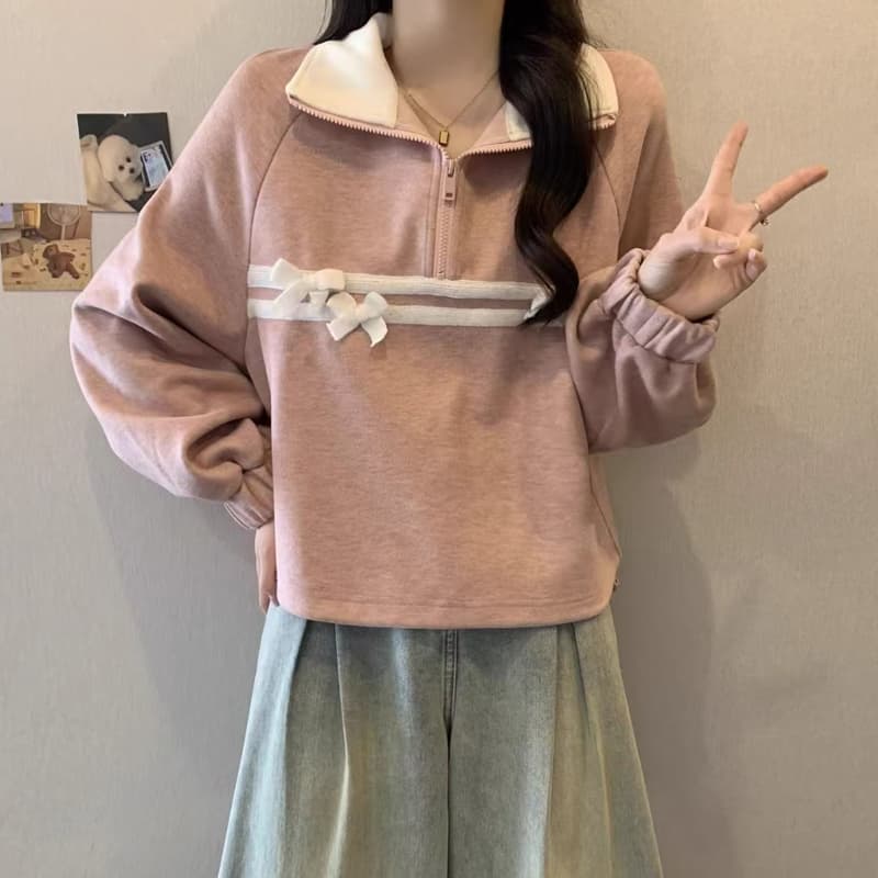 핑크색 하프 지퍼 POLO 칼라 후드티 여성 봄 가을 2026 빅 사이즈 지방 mm 프랑스식 나비 매듭 쇼트 스타일 만나는 맨위