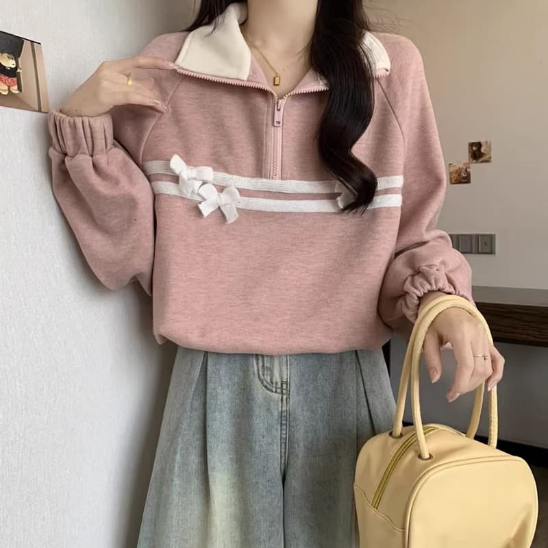 핑크색 하프 지퍼 POLO 칼라 후드티 여성 봄 가을 2026 빅 사이즈 지방 mm 프랑스식 나비 매듭 쇼트 스타일 만나는 맨위 이미지 3