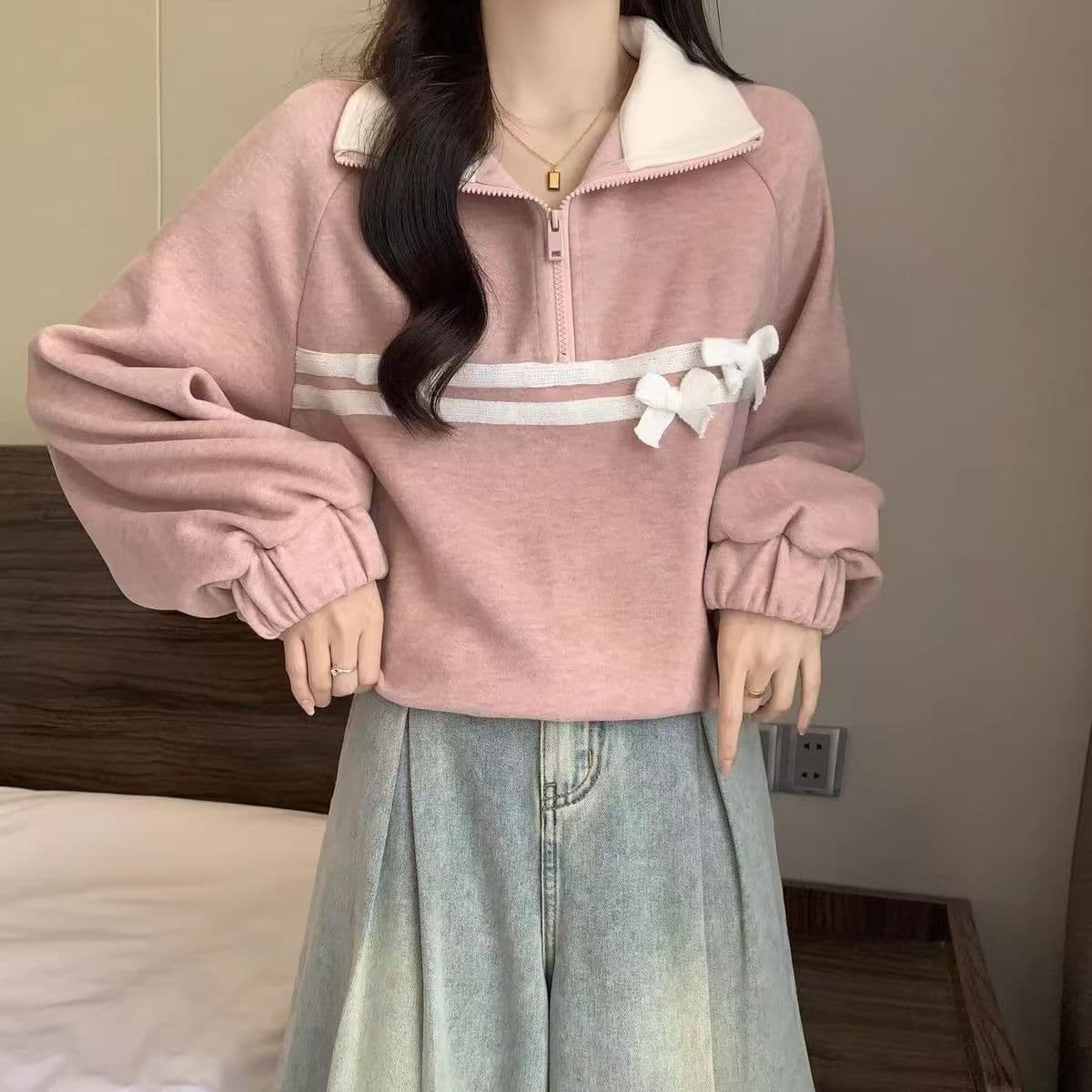 핑크색 하프 지퍼 POLO 칼라 후드티 여성 봄 가을 2026 빅 사이즈 지방 mm 프랑스식 나비 매듭 쇼트 스타일 만나는 맨위 상세 이미지 10