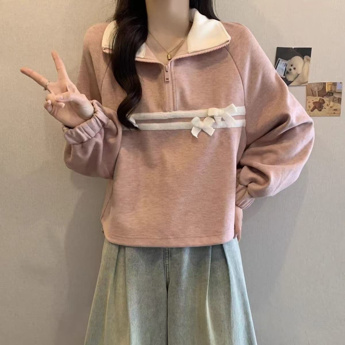 핑크색 하프 지퍼 POLO 칼라 후드티 여성 봄 가을 2026 빅 사이즈 지방 mm 프랑스식 나비 매듭 쇼트 스타일 만나는 맨위 상세 이미지 15