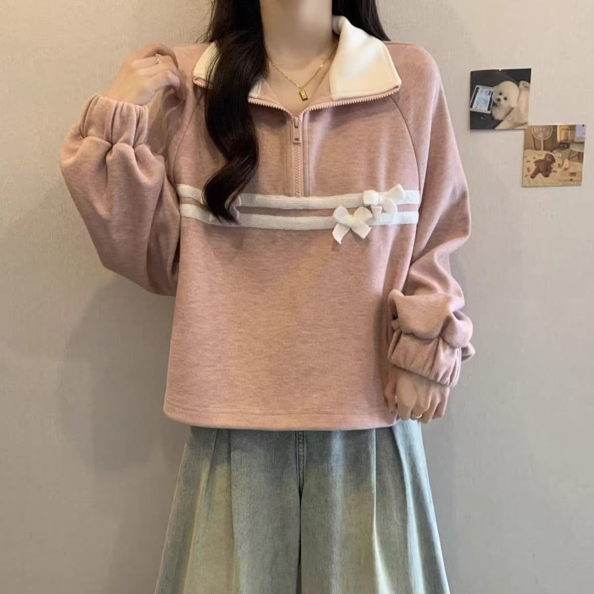 핑크색 하프 지퍼 POLO 칼라 후드티 여성 봄 가을 2026 빅 사이즈 지방 mm 프랑스식 나비 매듭 쇼트 스타일 만나는 맨위 상세 이미지 16
