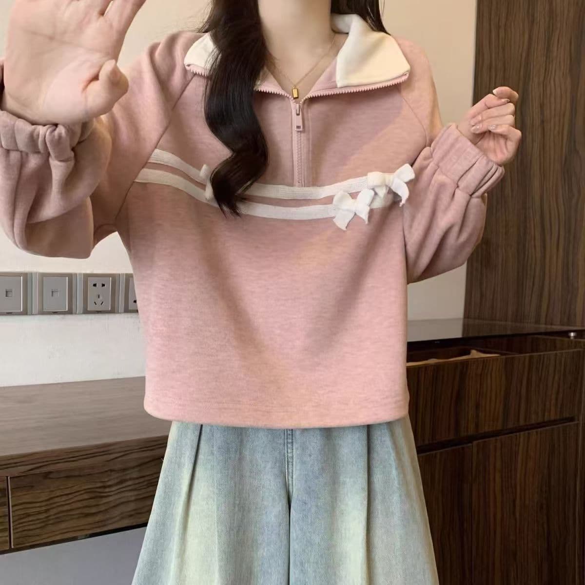 핑크색 하프 지퍼 POLO 칼라 후드티 여성 봄 가을 2026 빅 사이즈 지방 mm 프랑스식 나비 매듭 쇼트 스타일 만나는 맨위 상세 이미지 17