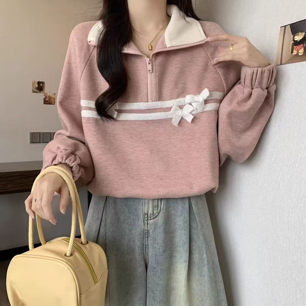 핑크색 하프 지퍼 POLO 칼라 후드티 여성 봄 가을 2026 빅 사이즈 지방 mm 프랑스식 나비 매듭 쇼트 스타일 만나는 맨위 상세 이미지 20