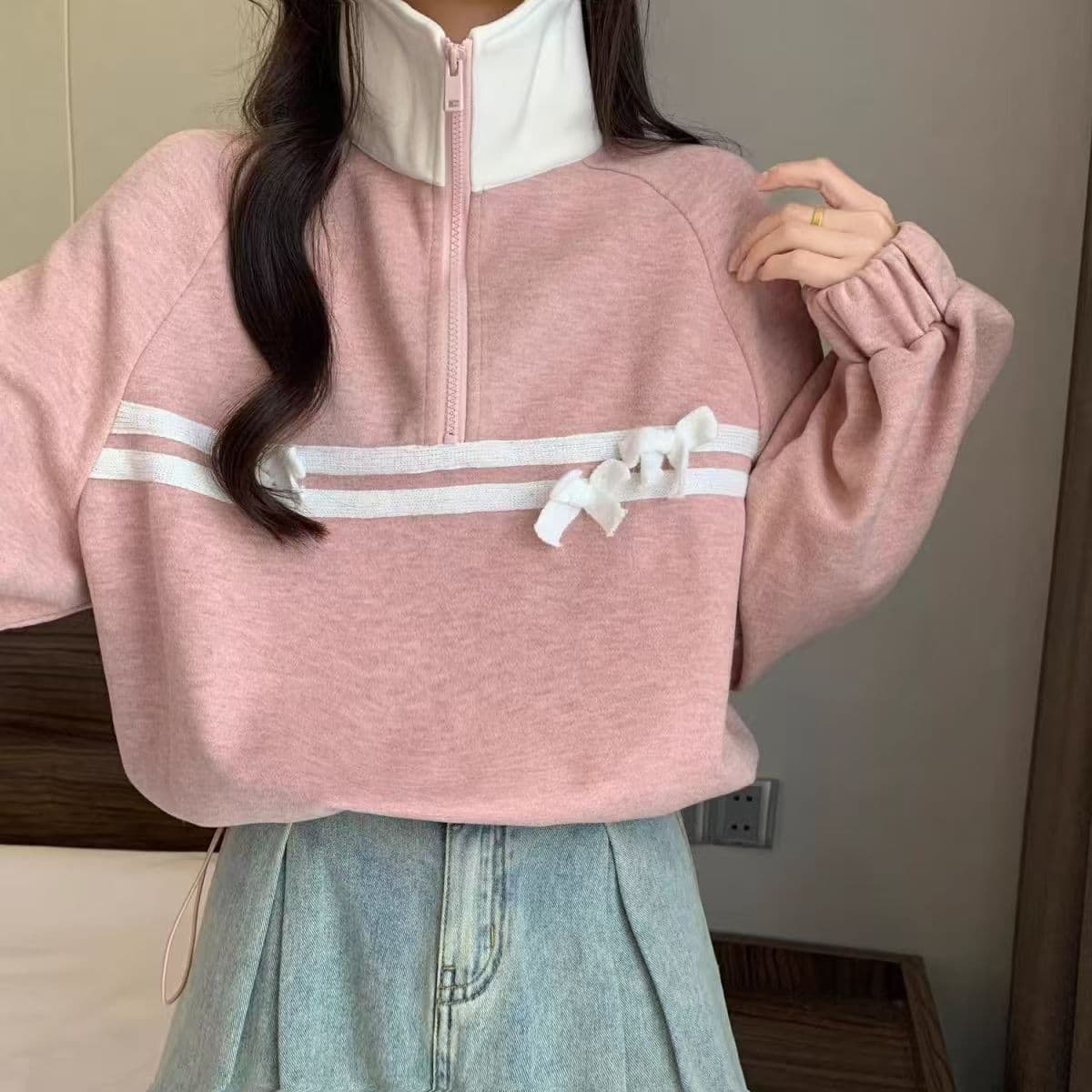 핑크색 하프 지퍼 POLO 칼라 후드티 여성 봄 가을 2026 빅 사이즈 지방 mm 프랑스식 나비 매듭 쇼트 스타일 만나는 맨위 상세 이미지 23