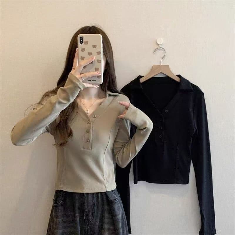 빅 사이즈 POLO 칼라 생선뼈 긴팔 티셔츠 디자인 센스 가을 2026 새로운 여성 의류 지방 mm 허리 수축 슬림해 보이는 맨위 상세 이미지 11