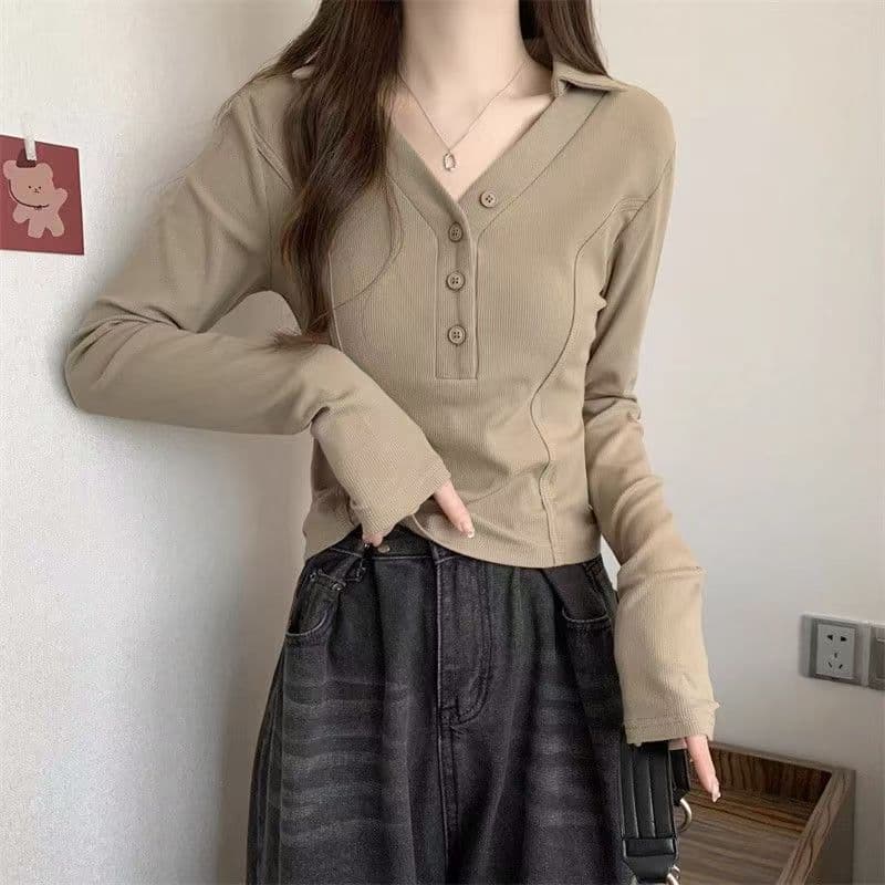 빅 사이즈 POLO 칼라 생선뼈 긴팔 티셔츠 디자인 센스 가을 2026 새로운 여성 의류 지방 mm 허리 수축 슬림해 보이는 맨위 상세 이미지 16