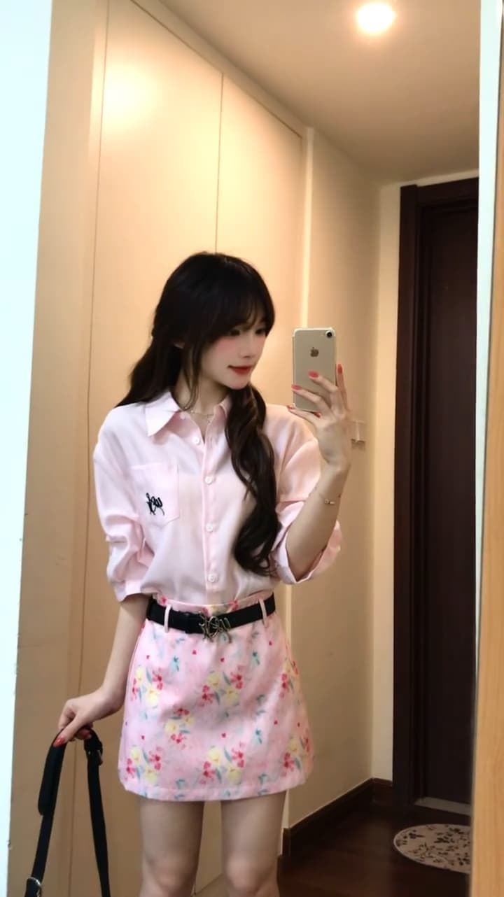 핑크색 여성 셔츠 작은 키 셔츠 고급 센스 유화 프린트 미니 스커트 이미지 3