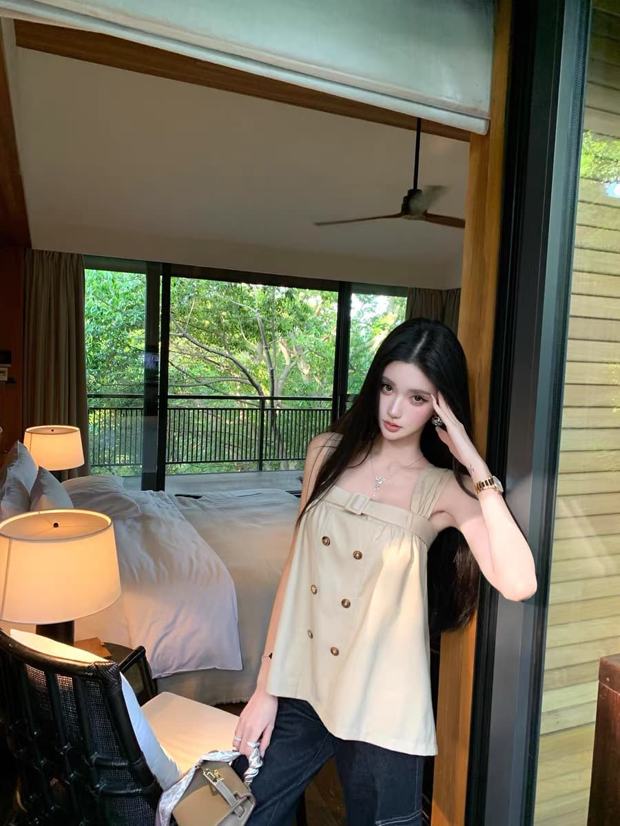 신제품 85 접기 effortless 카키 워크웨어 슬립 barb chill 허리 수축 이중 버튼 조끼 이미지 2