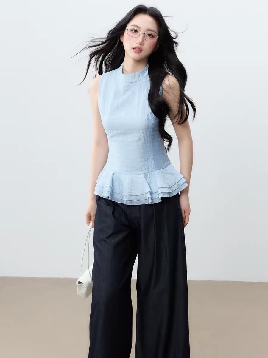 오리지널 디자인 다중 레이어 밑단 주간 실크 작은 스탠드 칼라 체크무늬 허리 수축 맨위 미니멀리즘 고급 다용도 이미지 4