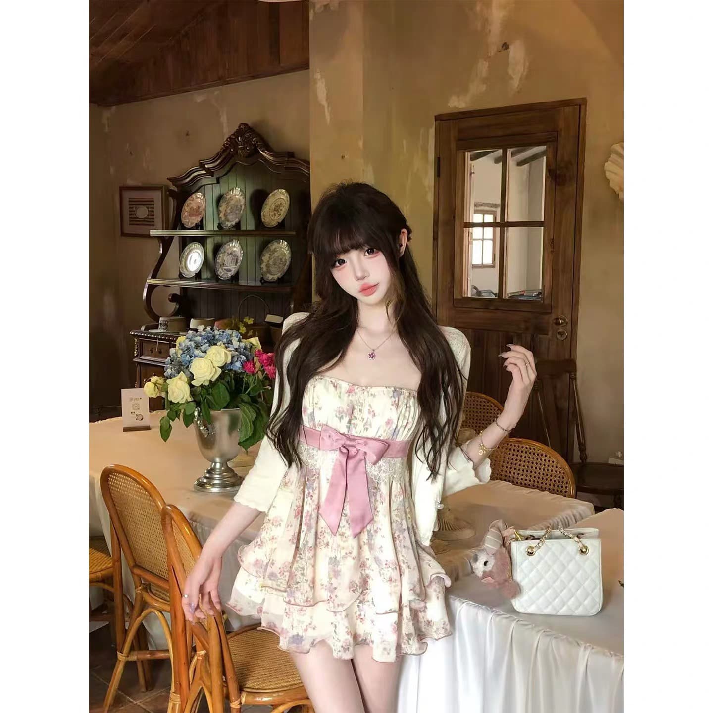 분말 복숭아 달콤한 차 린 린 있음 바쁜 프린트 슬립 루즈핏 고대 조기 꽃 레이스 계층의 감각 드레스
