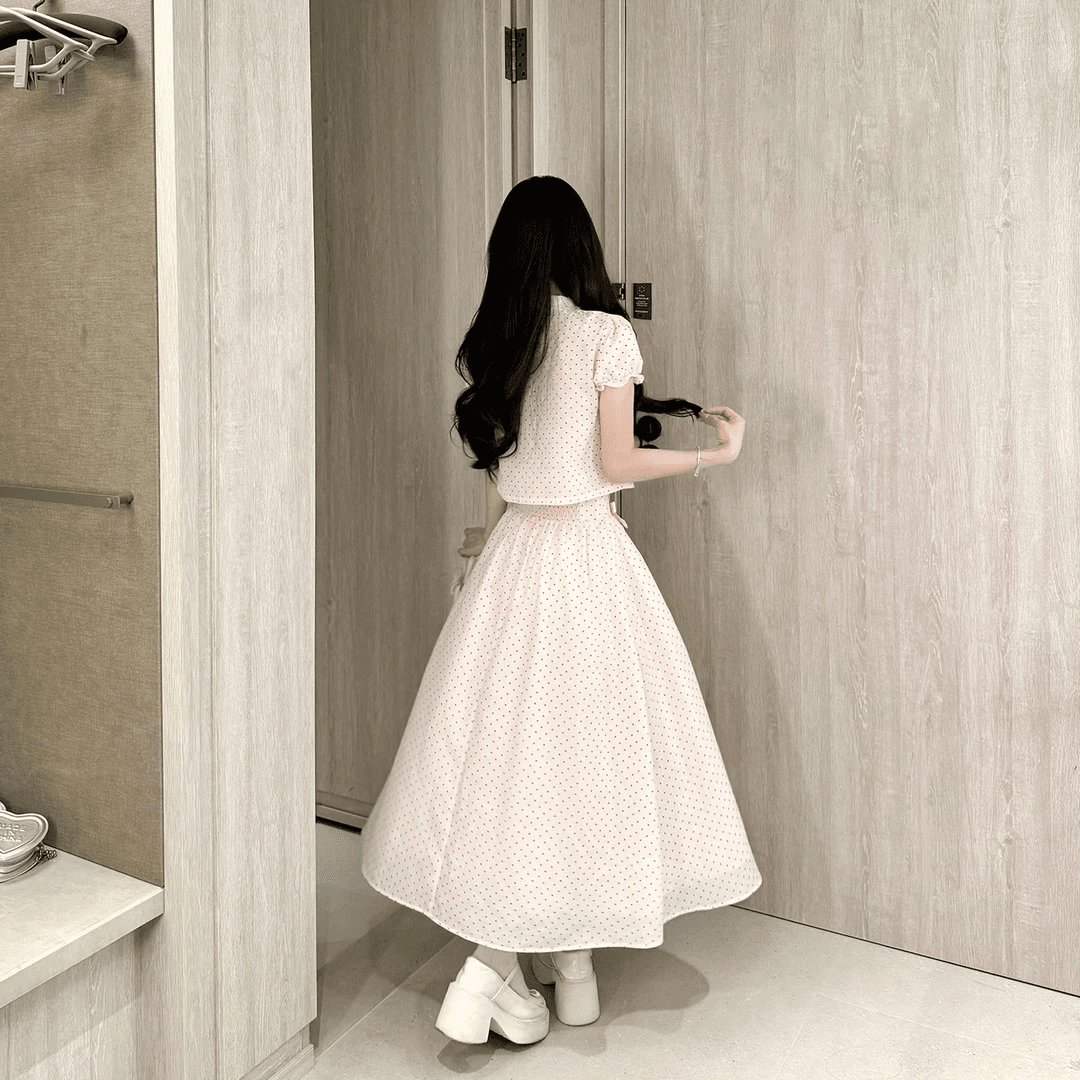 캄파넬라 세과 house 크림 도트 무늬 달콤함 천 금빛 바람 도트 무늬 셔츠 맨위 나비 매듭 반 스커트 세트 이미지 2
