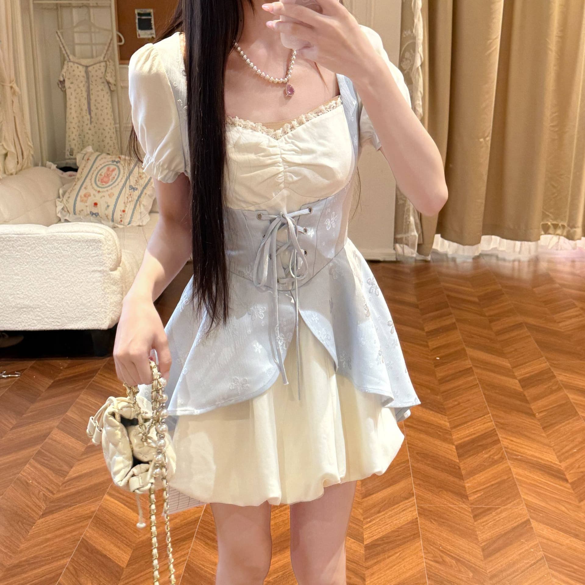 직물 돼지 바다 소금 코코넛 코코넛 부드러운 부서 광장 칼라 거품 소매 패치워크 여성 드레스 여름 자카드 허리 수축 미니 스커트 이미지 4