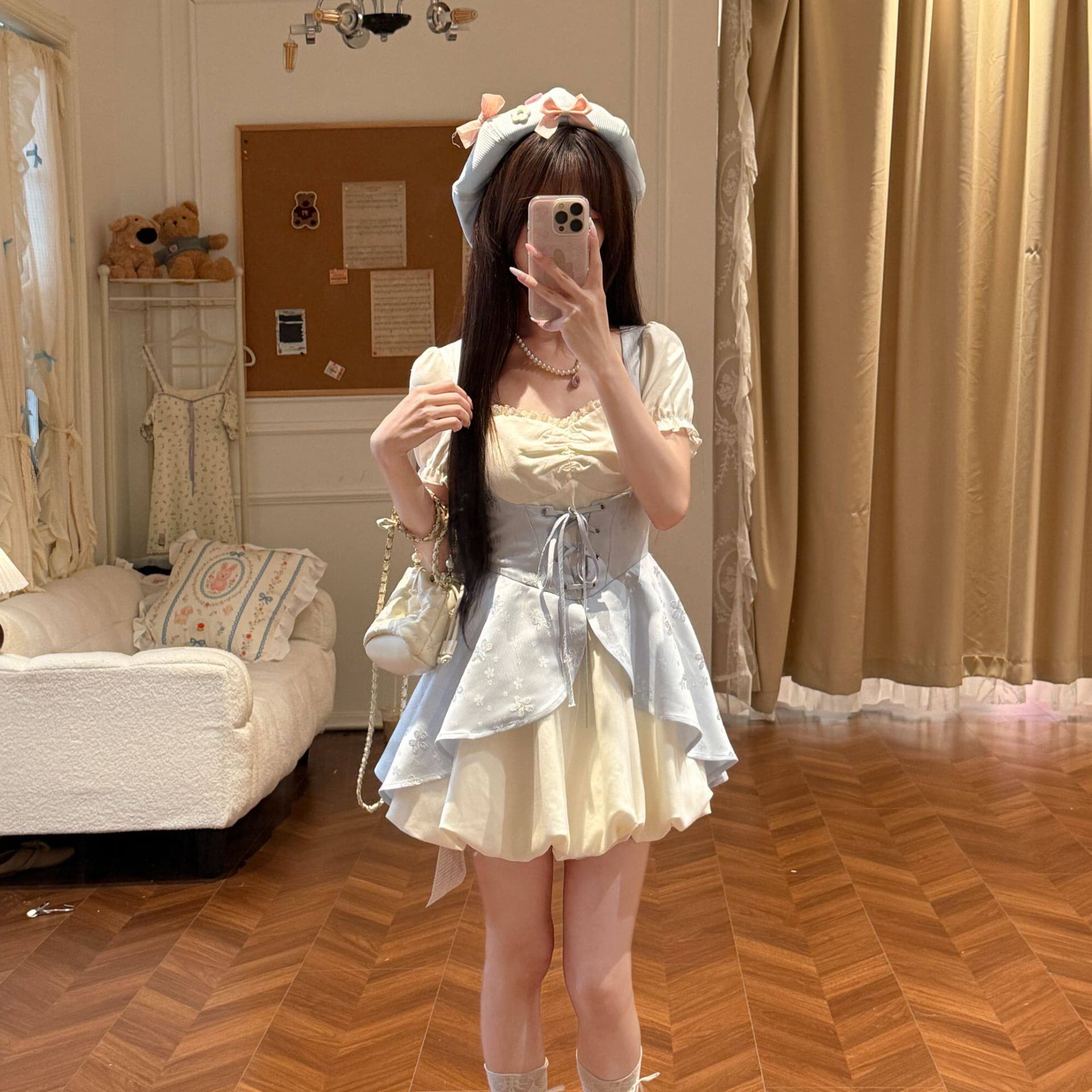 직물 돼지 바다 소금 코코넛 코코넛 부드러운 부서 광장 칼라 거품 소매 패치워크 여성 드레스 여름 자카드 허리 수축 미니 스커트 이미지 5