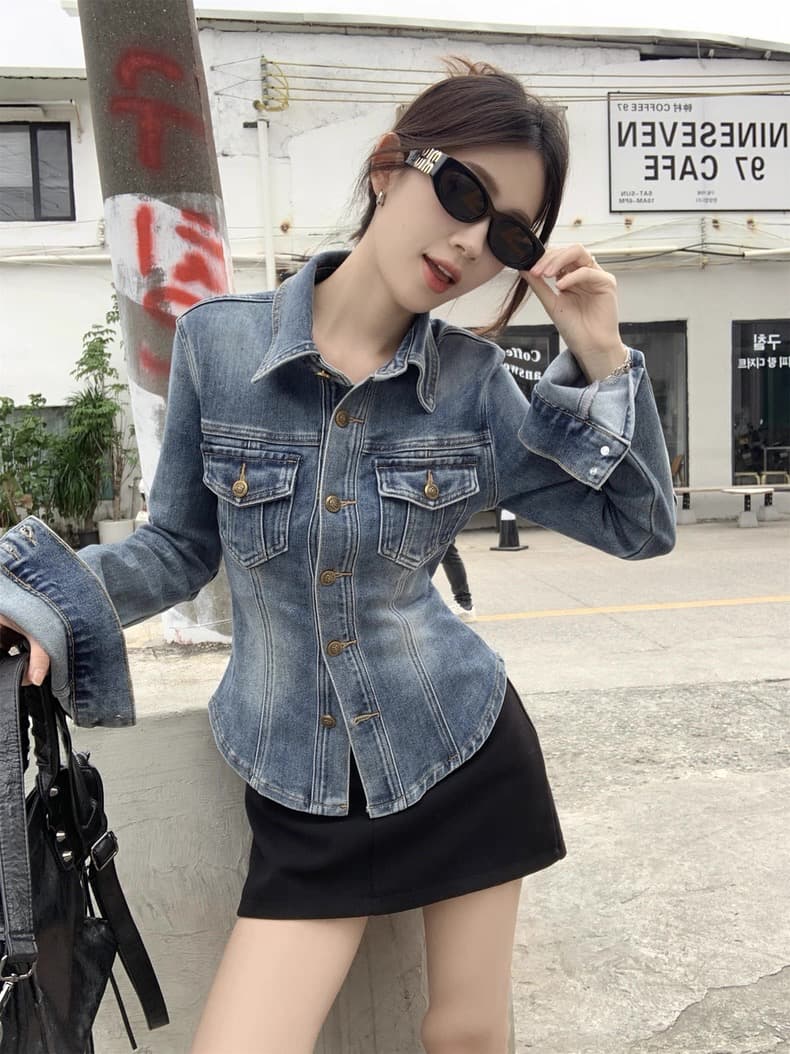 아메리칸 레트로 허리 수축 싱글 줄 버튼 폴로 칼라 데님 재킷 가을 겨울 2026 새로운 디자인 센스 다용도 긴팔 맨위 이미지 3