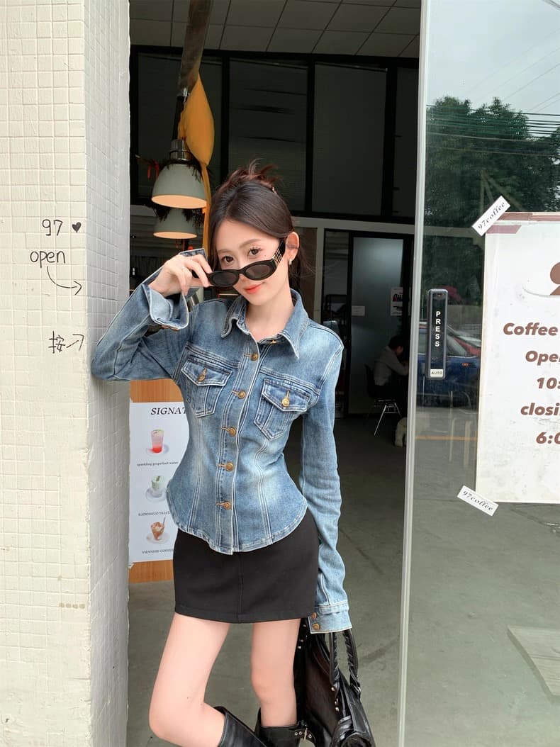 아메리칸 레트로 허리 수축 싱글 줄 버튼 폴로 칼라 데님 재킷 가을 겨울 2026 새로운 디자인 센스 다용도 긴팔 맨위 상세 이미지 4