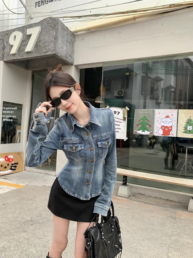 아메리칸 레트로 허리 수축 싱글 줄 버튼 폴로 칼라 데님 재킷 가을 겨울 2026 새로운 디자인 센스 다용도 긴팔 맨위 상세 이미지 6