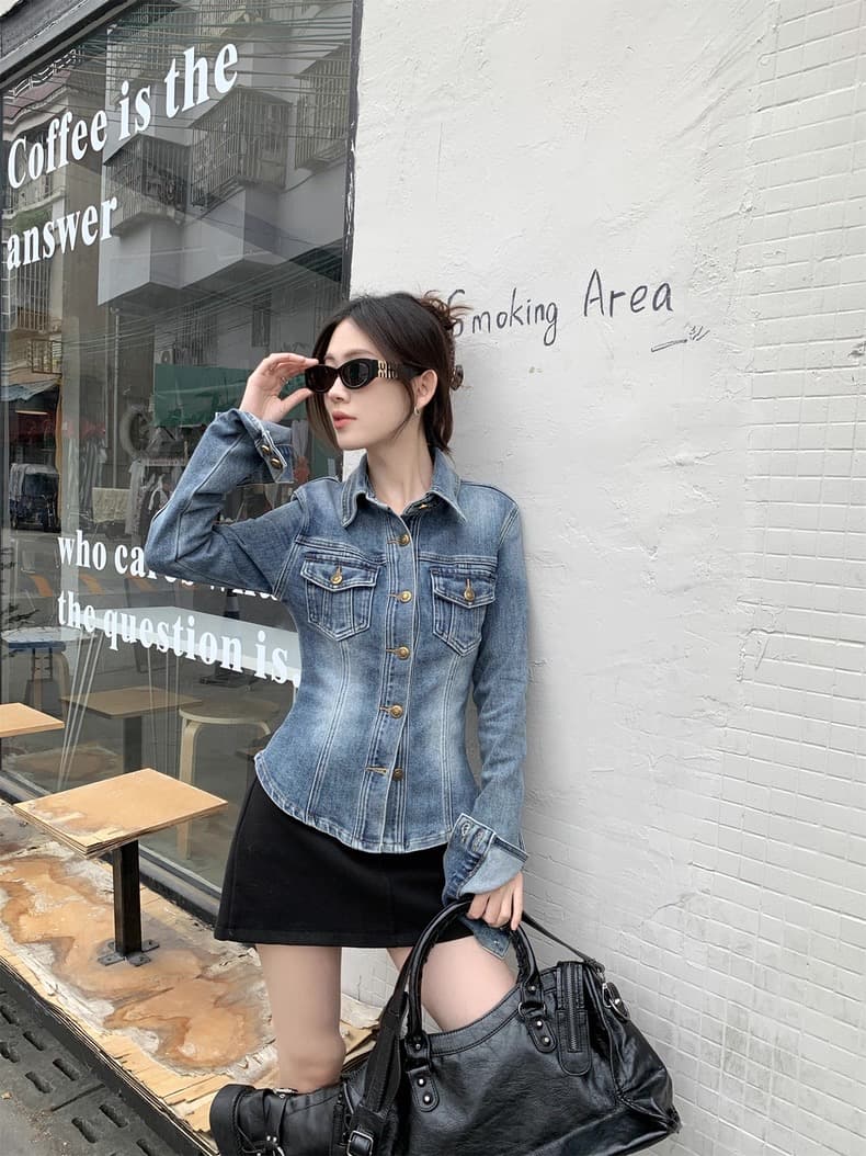 아메리칸 레트로 허리 수축 싱글 줄 버튼 폴로 칼라 데님 재킷 가을 겨울 2026 새로운 디자인 센스 다용도 긴팔 맨위 상세 이미지 9