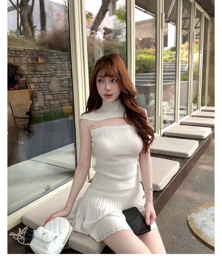 반하이넥 레이스 조각 니트 조끼 여성 허리 수축 슬림해 보이는 디자인 센스 작은 대중 핫걸 민소매 맨위 이미지 2