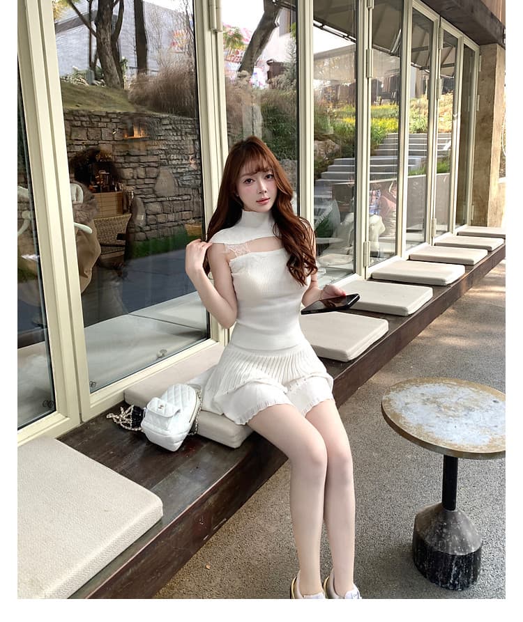 반하이넥 레이스 조각 니트 조끼 여성 허리 수축 슬림해 보이는 디자인 센스 작은 대중 핫걸 민소매 맨위 상세 이미지 13