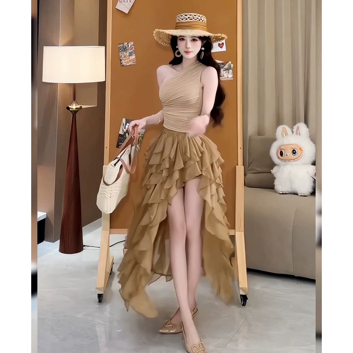 휴가 바람 품격 프랑스식 디자인 센스 비스듬한 칼라 새는 어깨 조끼 불규칙 케이크 반신 스커트 여름 착용 가져 가라. 여성 상세 이미지 6