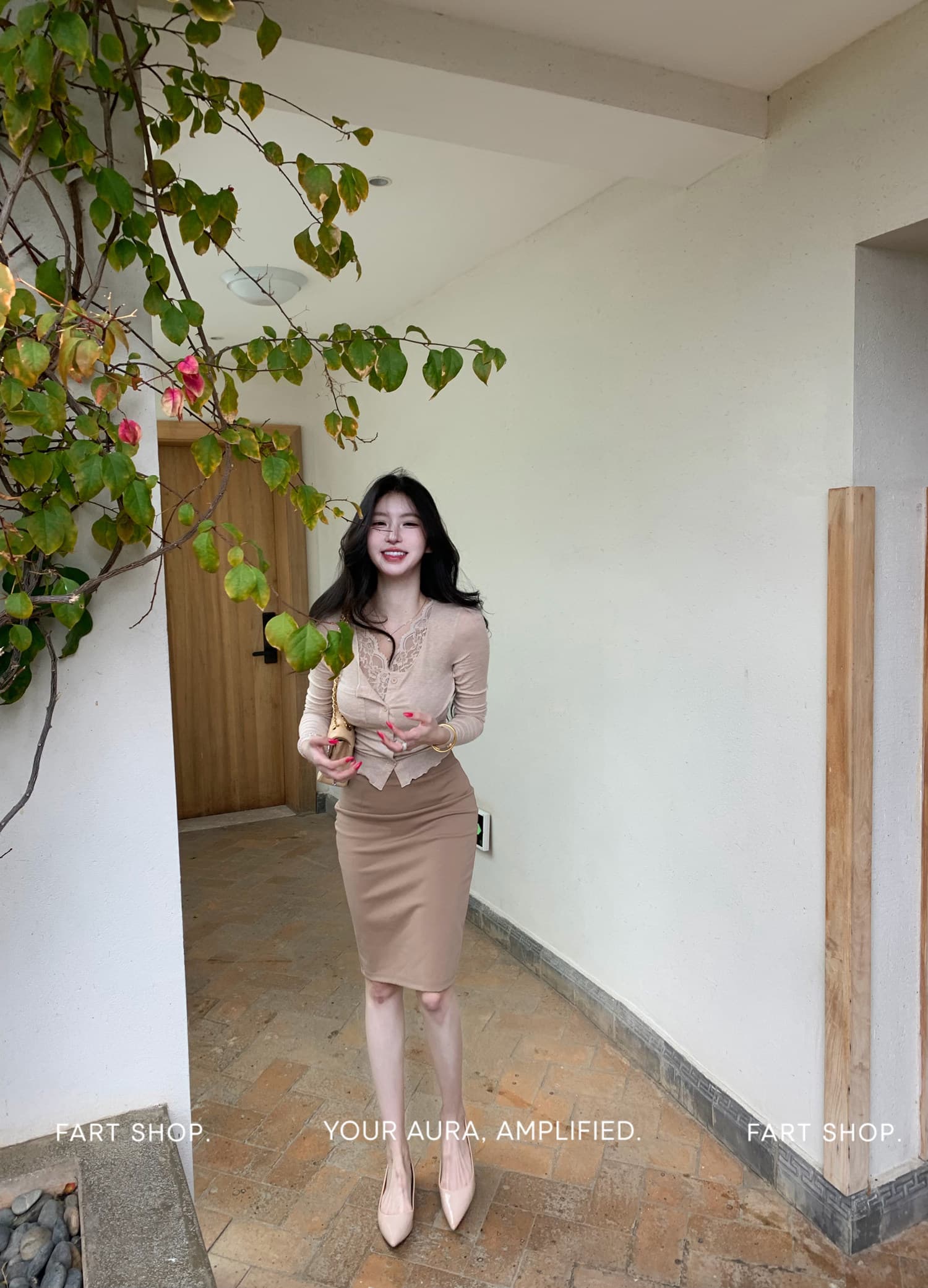 오른쪽 경력 미니멀리즘 V넥 긴팔 코디 타이트 스커트 여성 봄 여름 숨겨진 당겨서 몸매 가꾸기 반신 치마 세트 상세 이미지 3