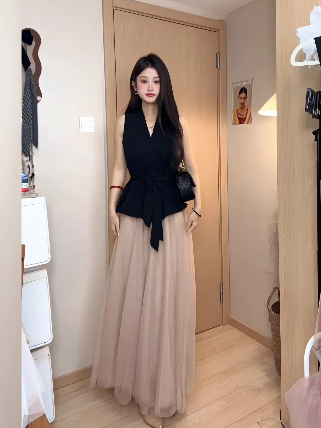 순수한 욕망 바람 새로운 한 부서 고급 센스 부드러운 품격 민소매 맨위 허리밴드 망사 반신 스커트 여성복 상세 이미지 2