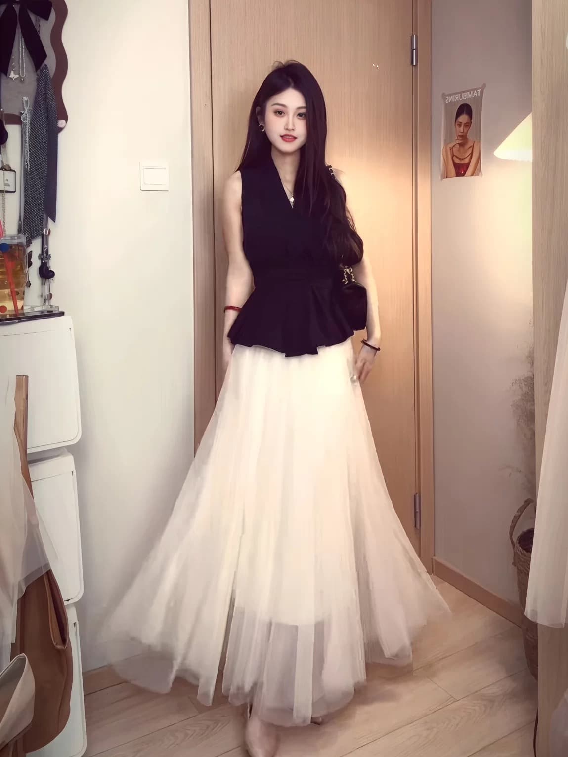 순수한 욕망 바람 새로운 한 부서 고급 센스 부드러운 품격 민소매 맨위 허리밴드 망사 반신 스커트 여성복 상세 이미지 4