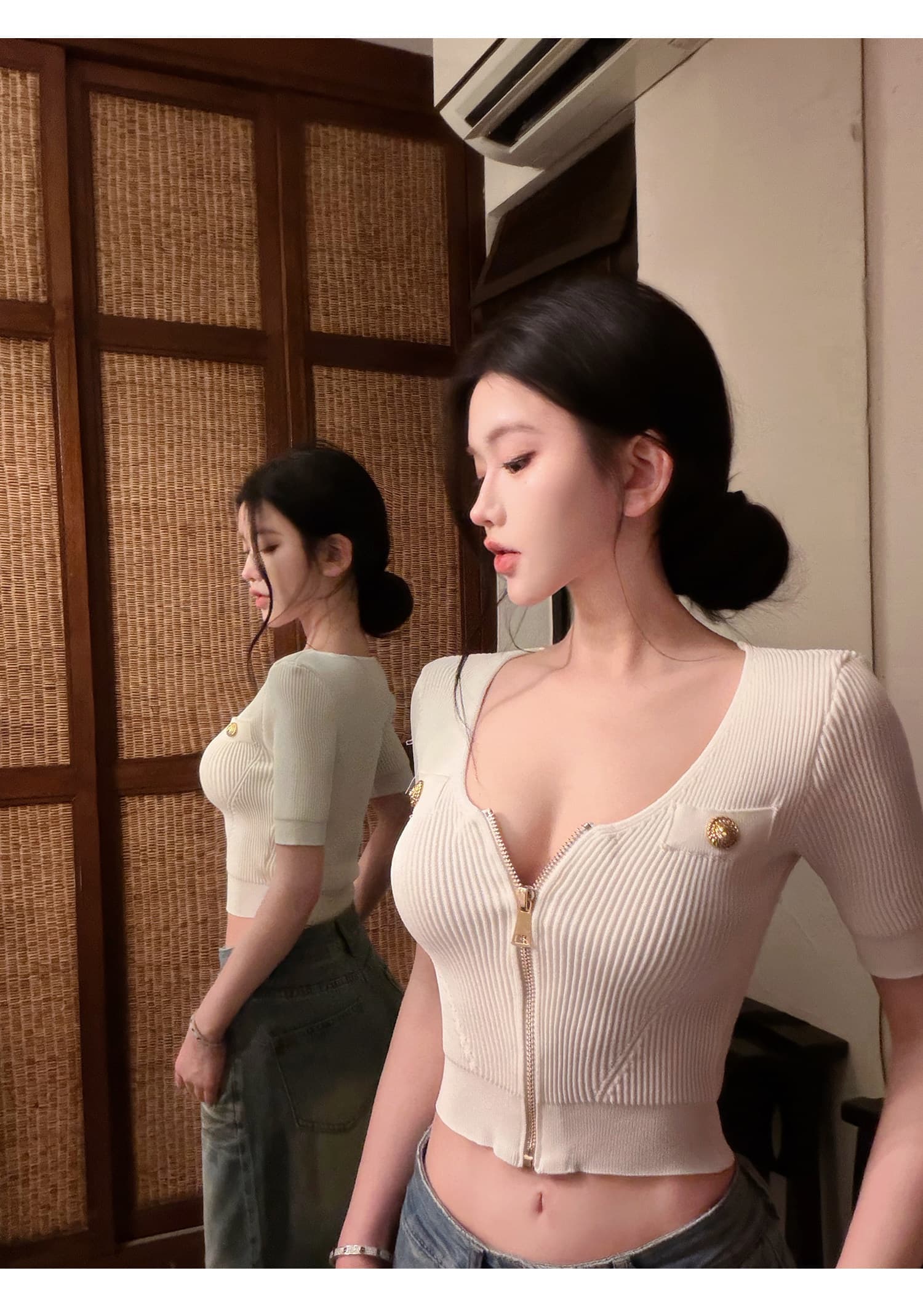 더블 색상 소형 버스 u 칼라 캐주얼 품격 반팔 맨위 단색 지퍼 니트 오픈 가디건 여성 트렌디 상세 이미지 6