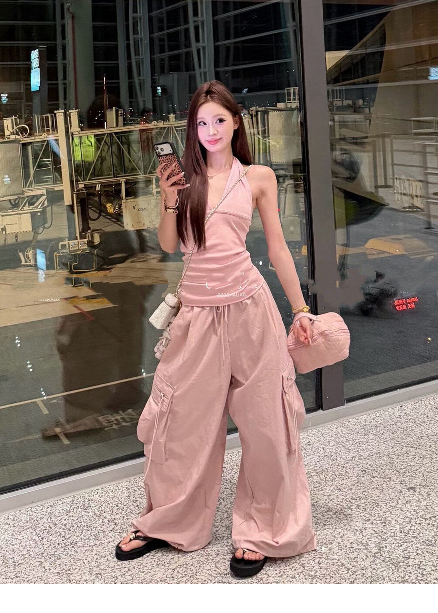 여름 자이언트 잘 생긴 행침 목 슬립 워크웨어 팬츠 세트 여성 한 부서 착용 가져 가라. 조끼 맨위 와이드 레그 팬츠 투피스 세트 이미지 3