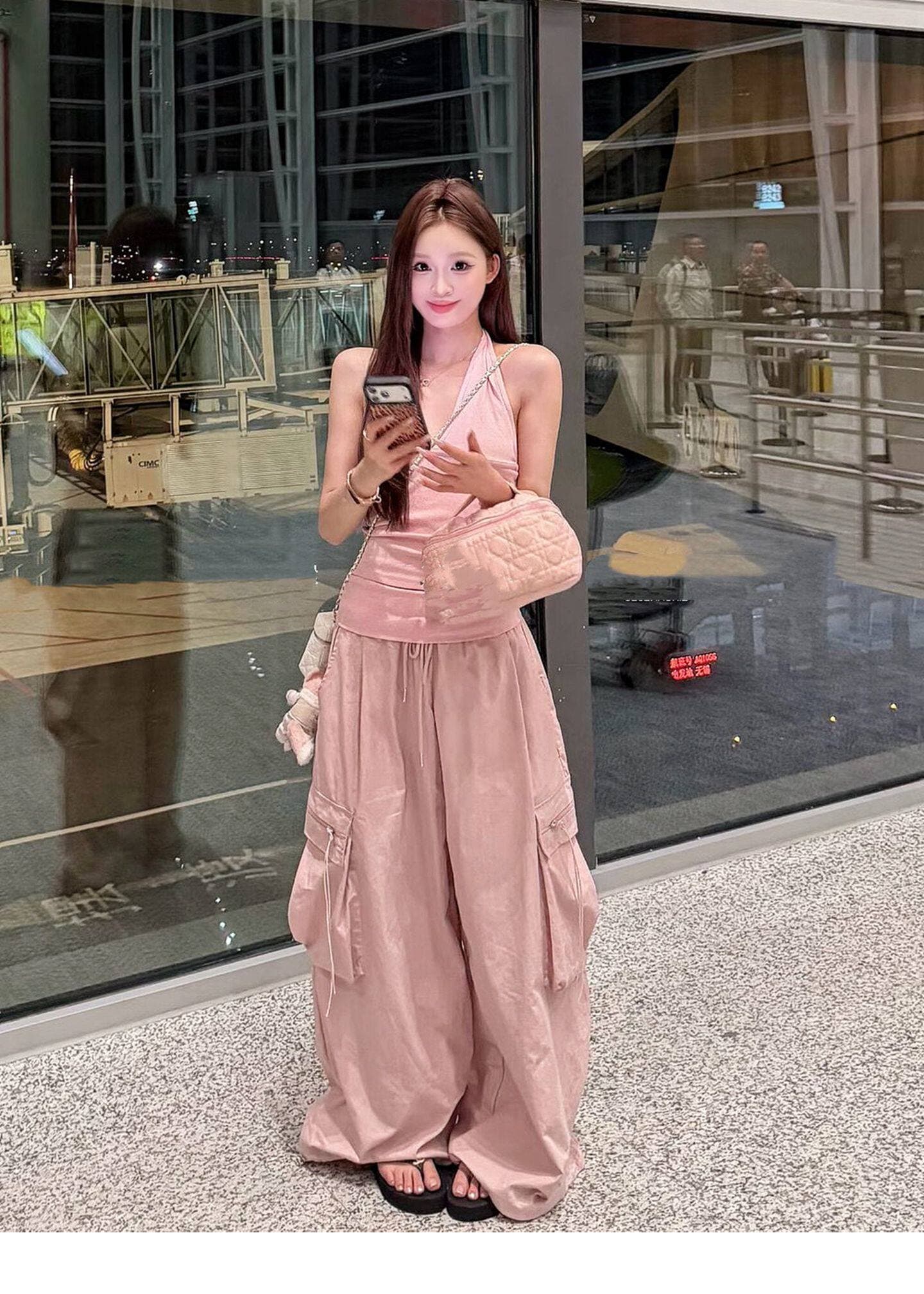 여름 자이언트 잘 생긴 행침 목 슬립 워크웨어 팬츠 세트 여성 한 부서 착용 가져 가라. 조끼 맨위 와이드 레그 팬츠 투피스 세트 이미지 4