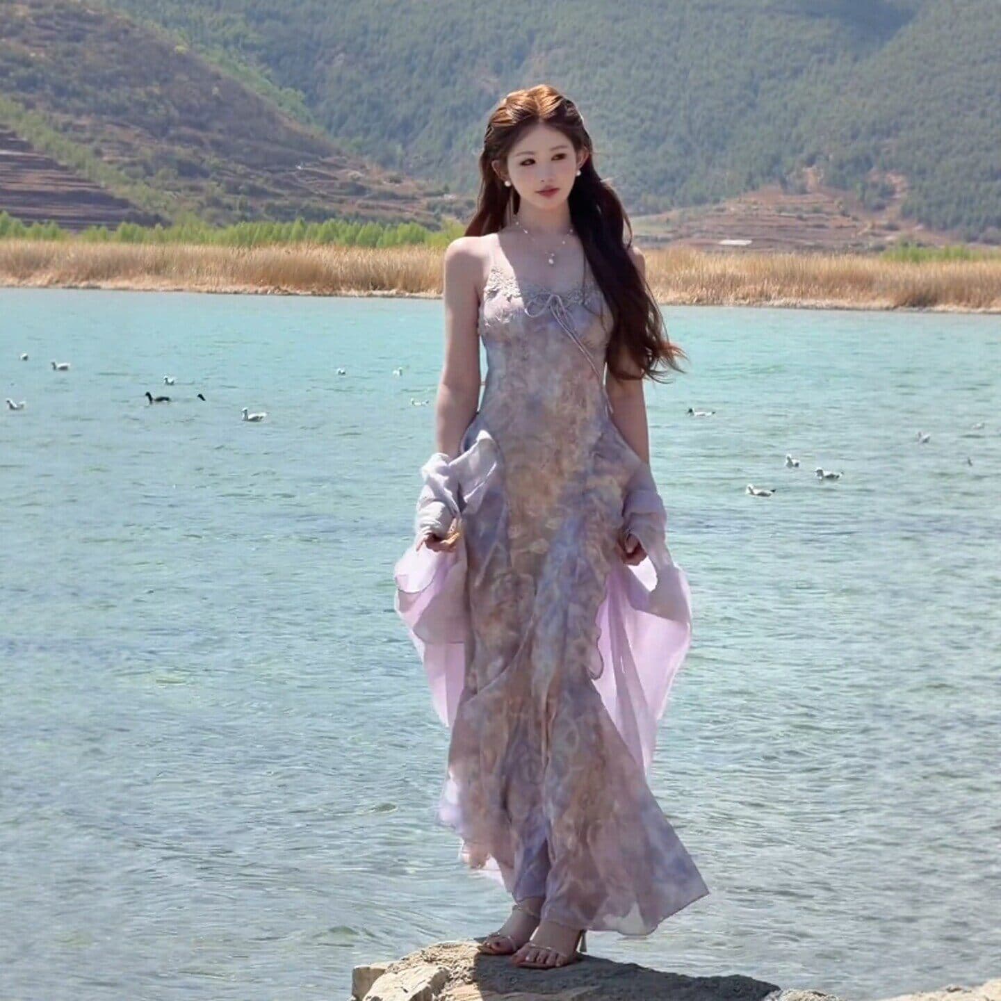 여름 새로운 고급 센스 보라색 꽃무늬 허리 수축 품격 슬립 드레스 같은 색깔 자외선 차단 재킷 세트 상세 이미지 7