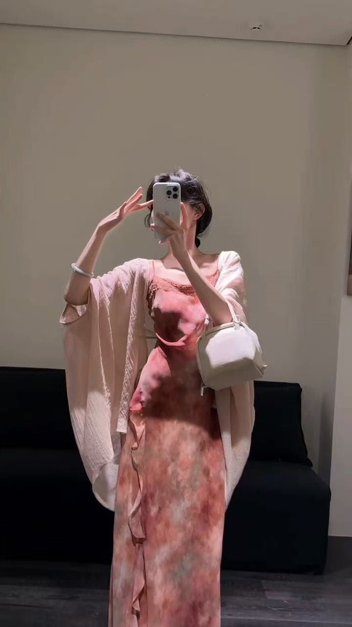 한 부서 새로운 고급 세트 염색 프린트 슬립 품격 슈퍼 요정 휴가 바람 드레스 숄 투피스 세트 이미지 3
