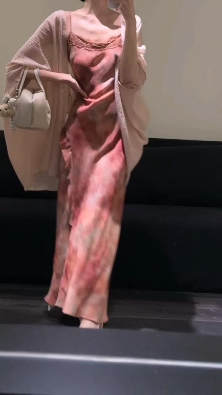한 부서 새로운 고급 세트 염색 프린트 슬립 품격 슈퍼 요정 휴가 바람 드레스 숄 투피스 세트 이미지 5