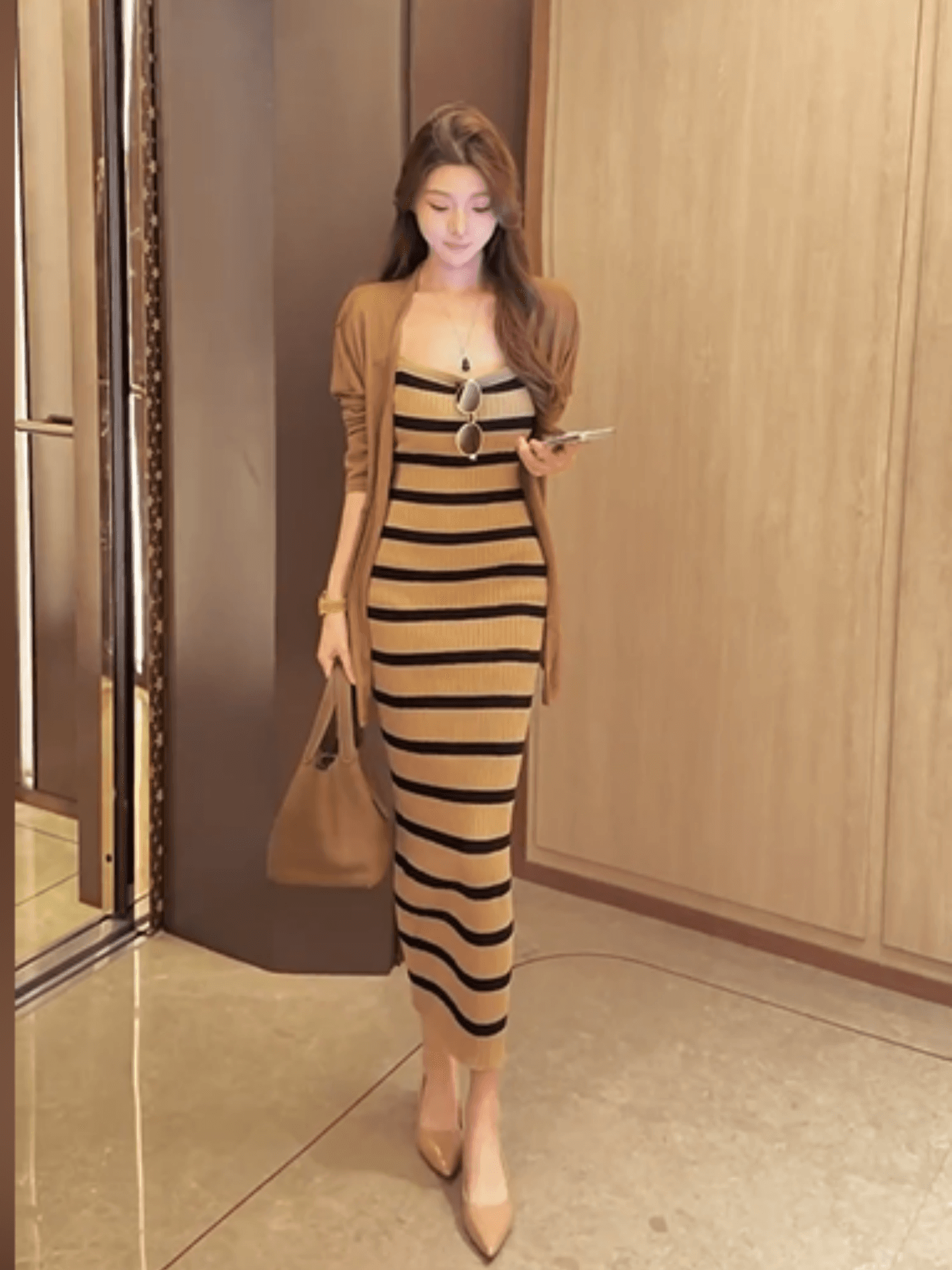 한 스타일 품격 로얄 자매 바람 몸매 가꾸기 슬림해 보이는 스트라이프 롱 코트 슬립 드레스 단색 다용도 오픈 가디건 두 조각 여성 세트 상세 이미지 7