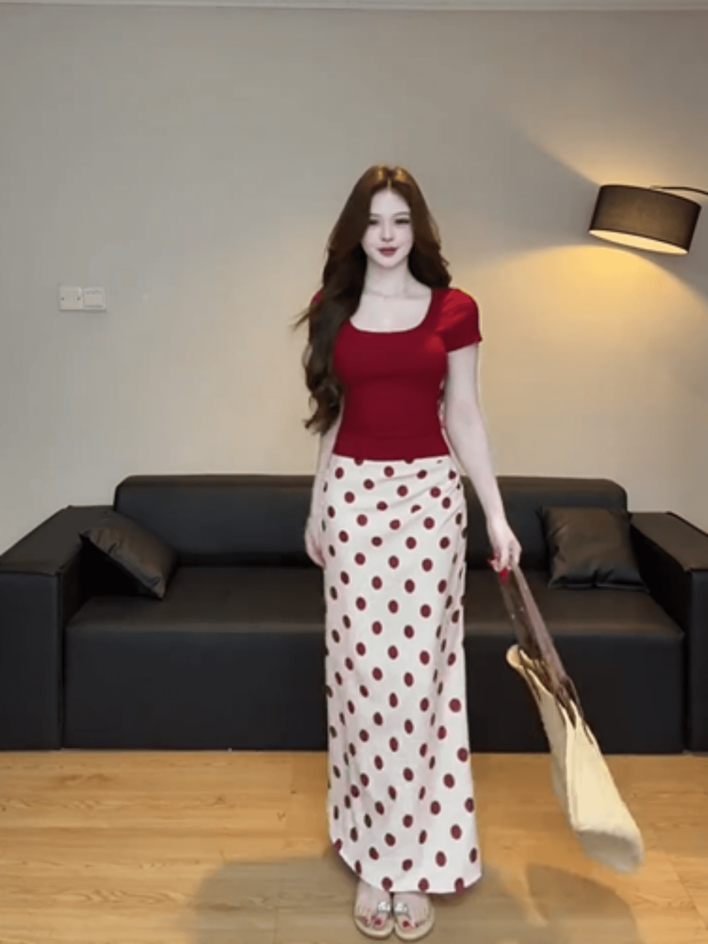 프랑스식 품격 바람 몸매 가꾸기 슬림해 보이는 순수한 욕망 쇼트 스타일 빨간색 티셔츠 하이웨이스트 도트 무늬 롱 코트 반신 스커트 두 조각 여성 세트 상세 이미지 4