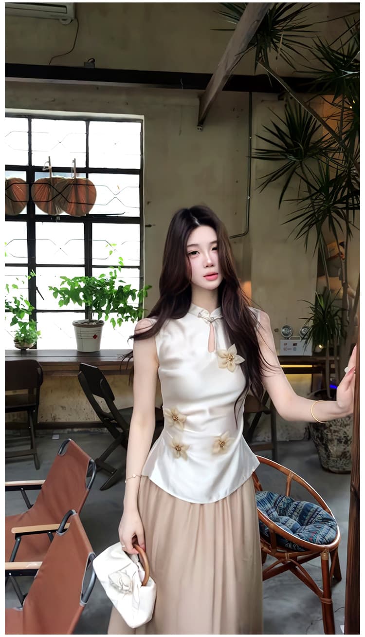 26 여름 새로운 중식 고급 디자인 센스 서있는 조끼 꽃 허리 수축 맨위 여성 코디 미니멀리즘 반신 치마 세트 상세 이미지 5