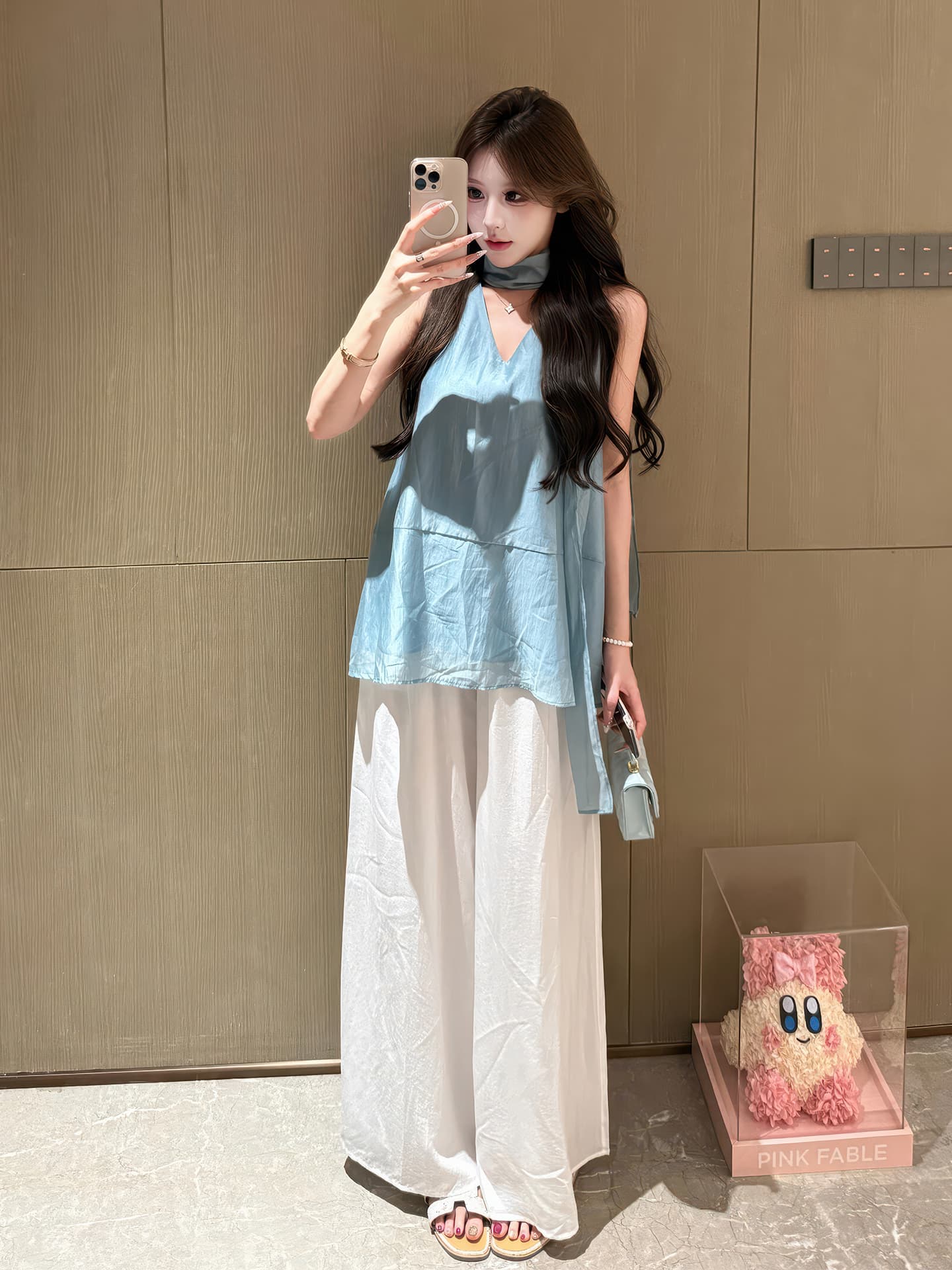 부드러운 바람 미니멀리즘 고급 센스 품격 리본 행침 목 V넥 민소매 조끼 도루 센스 와이드 레그 팬츠 투피스 슈트 여성 상세 이미지 2