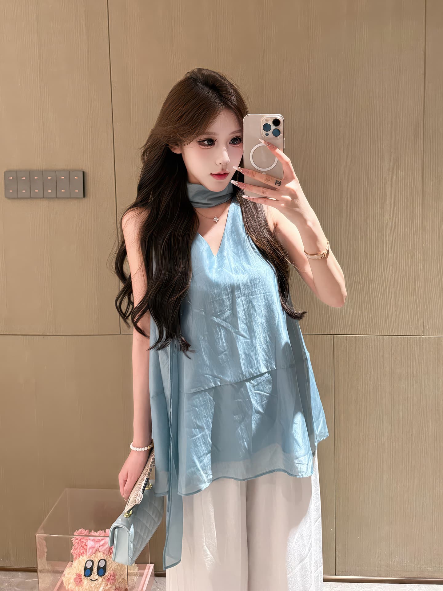 부드러운 바람 미니멀리즘 고급 센스 품격 리본 행침 목 V넥 민소매 조끼 도루 센스 와이드 레그 팬츠 투피스 슈트 여성 상세 이미지 5