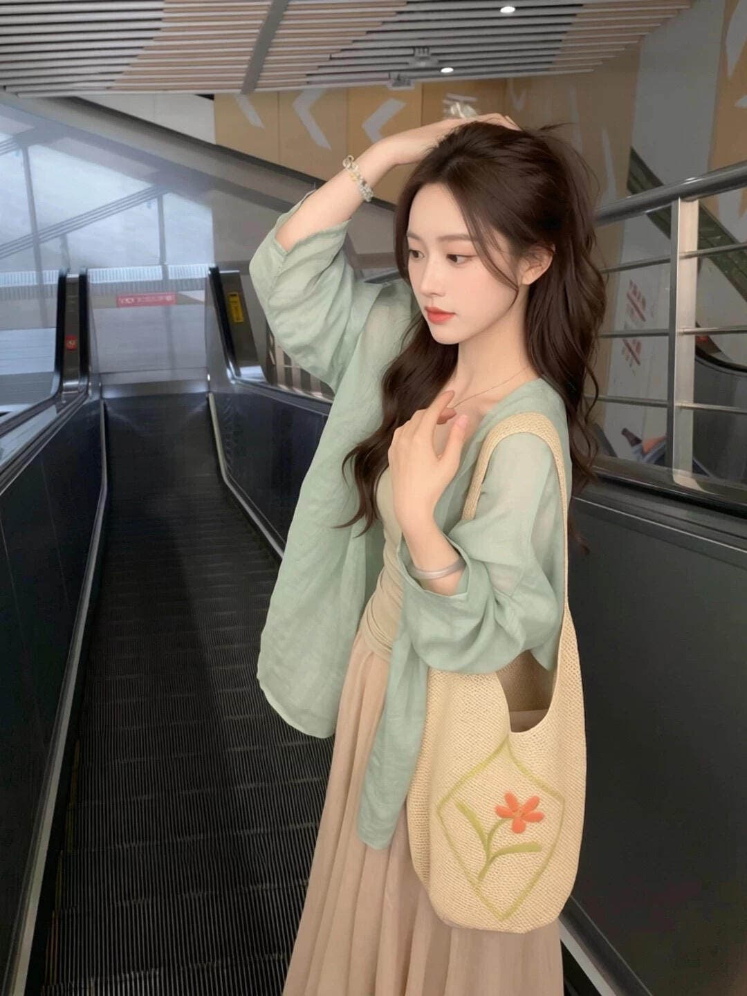 여름 새로운 오픈 가디건 플리츠 나만의 것을 가져와 라. 컵 패드 캐미솔 마 재료 한 마디 반 스커트 세트 3종 세트 이미지 3
