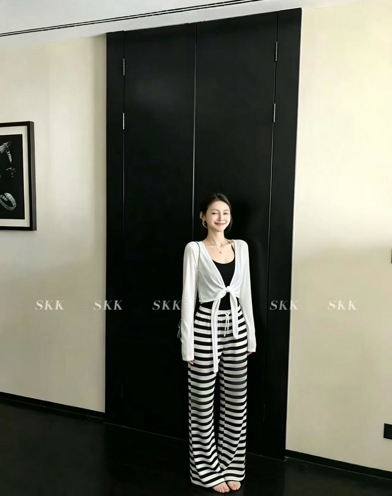 26 봄 새로운 한국 스타일 긴팔 자외선 차단 오픈 가디건 조끼 스트라이프 캐주얼 바지 3종 세트 세트 여성 트렌디 상세 이미지 5