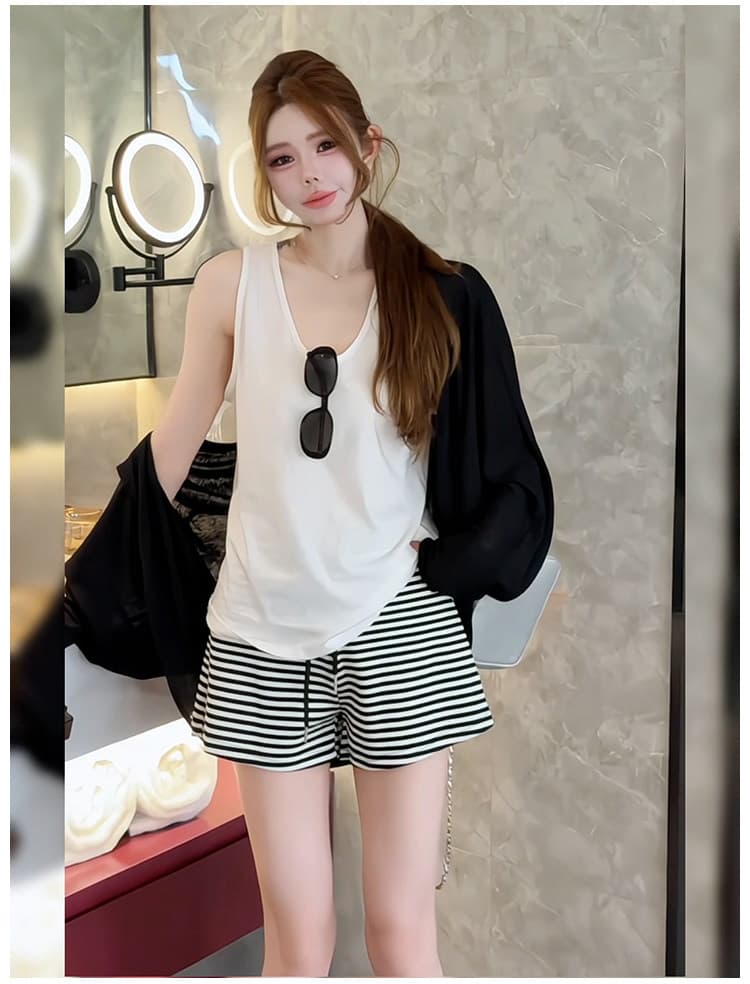 한 부서 유럽 니켈 착용 가져 가라. 전체 집합 여성 의류 느긋한 바람 일상 휴가 단색 조끼 자외선 차단 숄 스트라이프 바지 이미지 2
