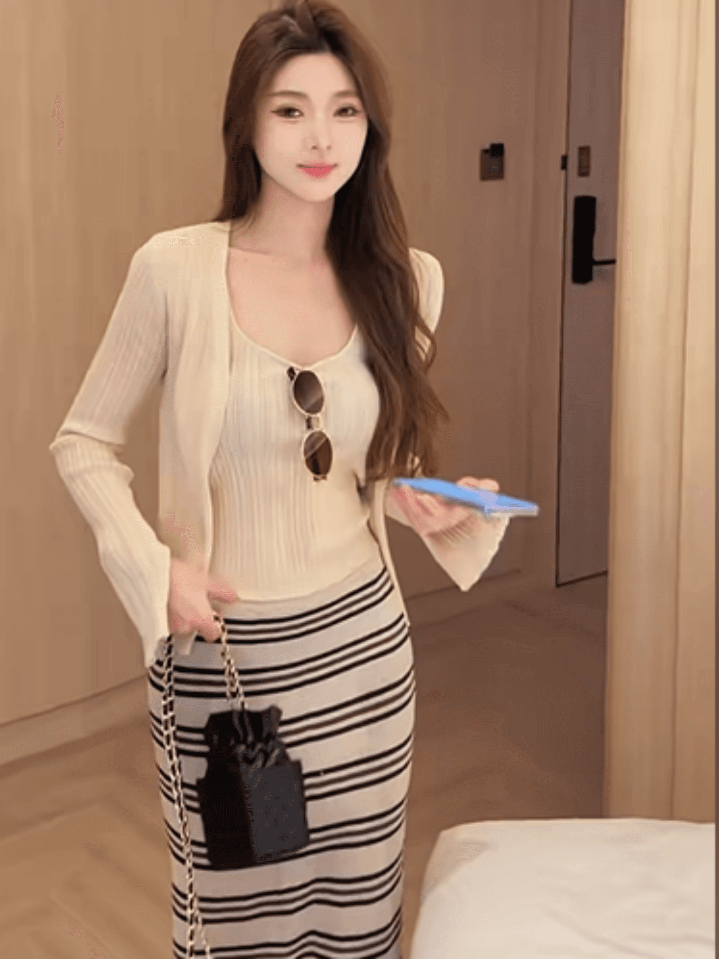 이른 봄 한 스타일 느슨함 센스 순수한 욕망 슬립 인사이드 가져 가라. 긍정적 인 어깨 단색 오픈 가디건 스트라이프 하이웨이스트 반신 스커트 3종 세트 상세 이미지 5