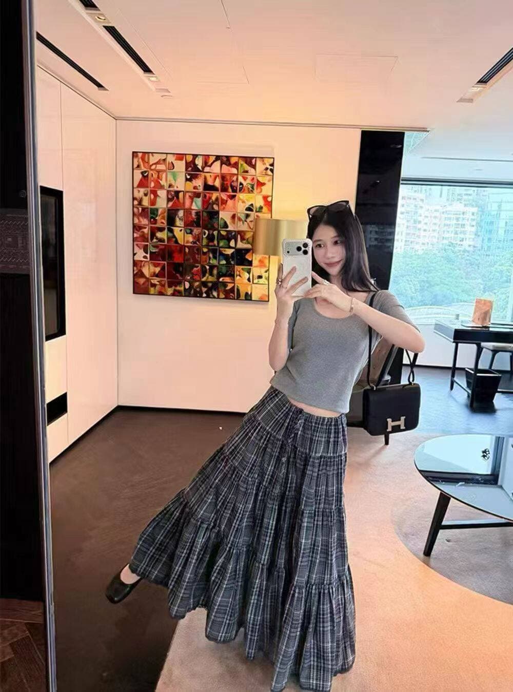 기초 다용도 u 칼라 반팔 티셔츠 패션 불규칙 디자인 체크무늬 주름 캐주얼 반 스커트 세트 여성 봄 이미지 2